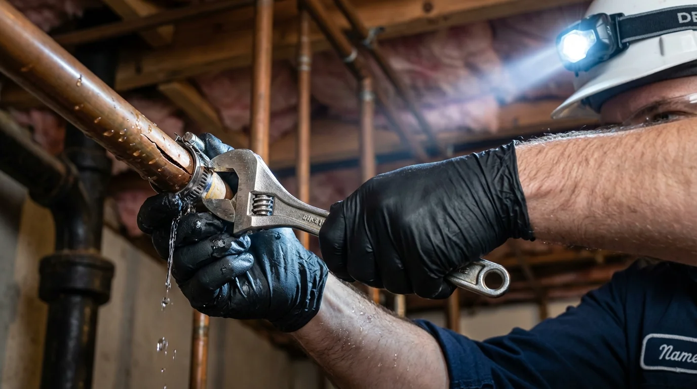 Emergency pipe clamp repair being performed by a Johns Plumbing LLC plumber in Whitehouse